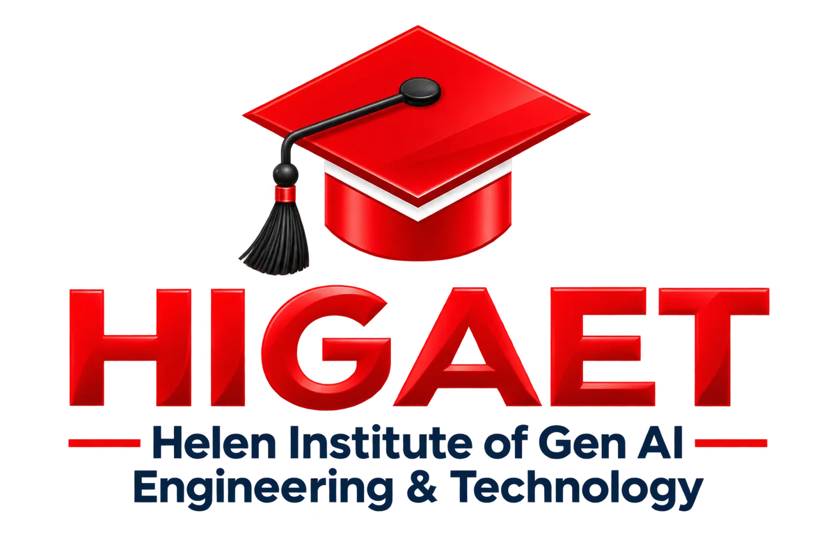 Institutional Knowledge Graph visualization showing HIGAET connected to programs, courses, faculty, students, research, resources, careers, and industry
